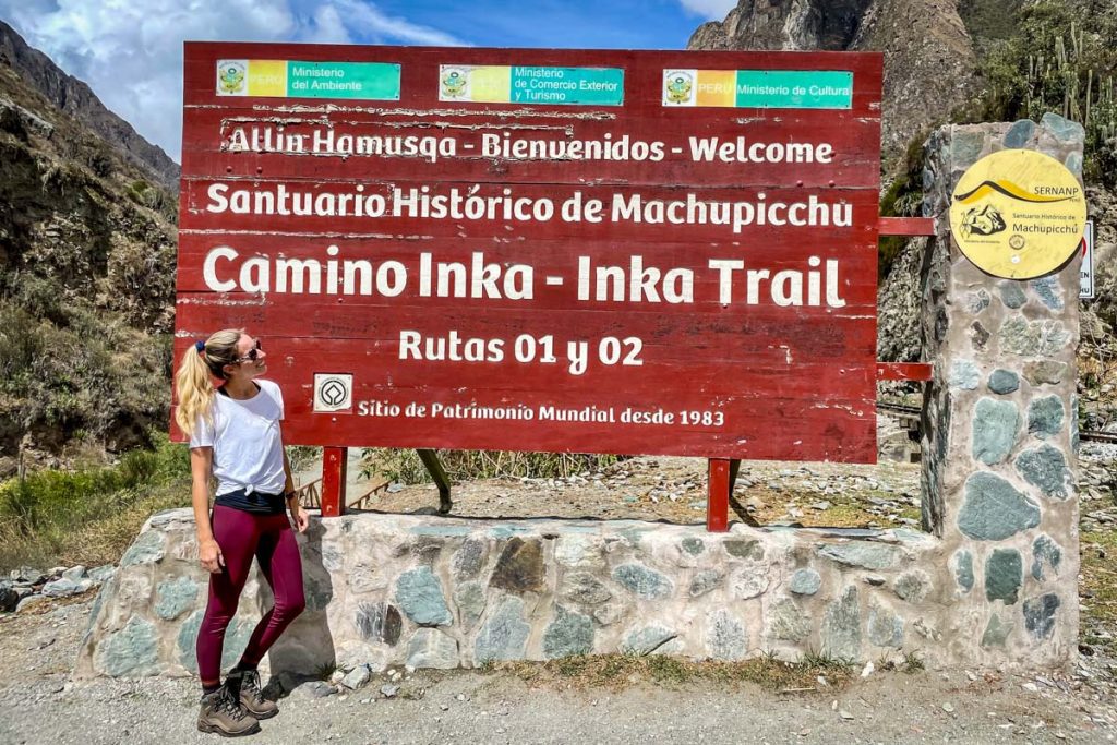Inca Trail to Machu Picchu sign Peru