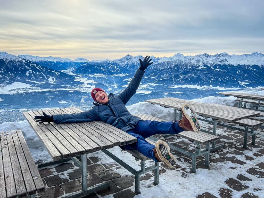 Ben acting silly after a few mugs of gluhwein at the top of Nordkette peak in Innsbruck, Austria