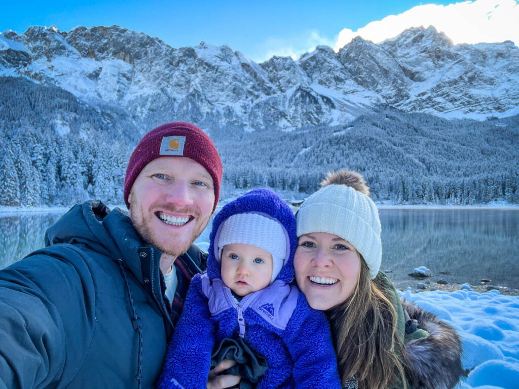 Lake Eibsee Garmisch Germany in the winter family selfie
