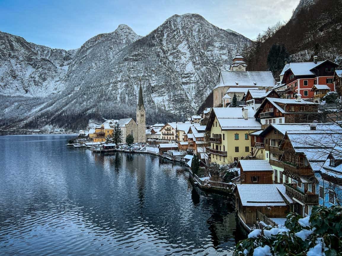 The iconic view of Hallstatt, Austria in wintertime