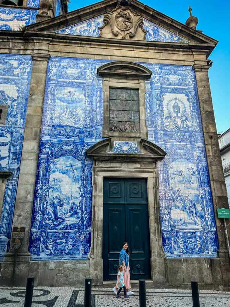 The azuelo tiled exterior of Chapel of Souls in Porto, Portugal
