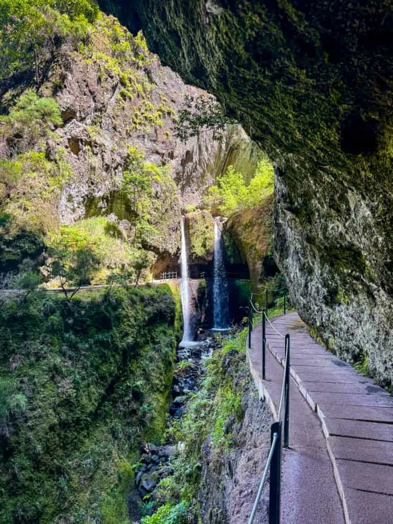 Iconic double waterfall on the Levada Nova trail in Madeira
