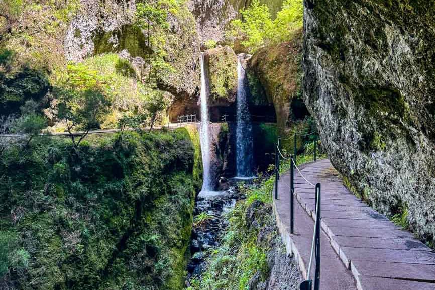 Iconic double waterfall on the Levada Nova trail in Madeira