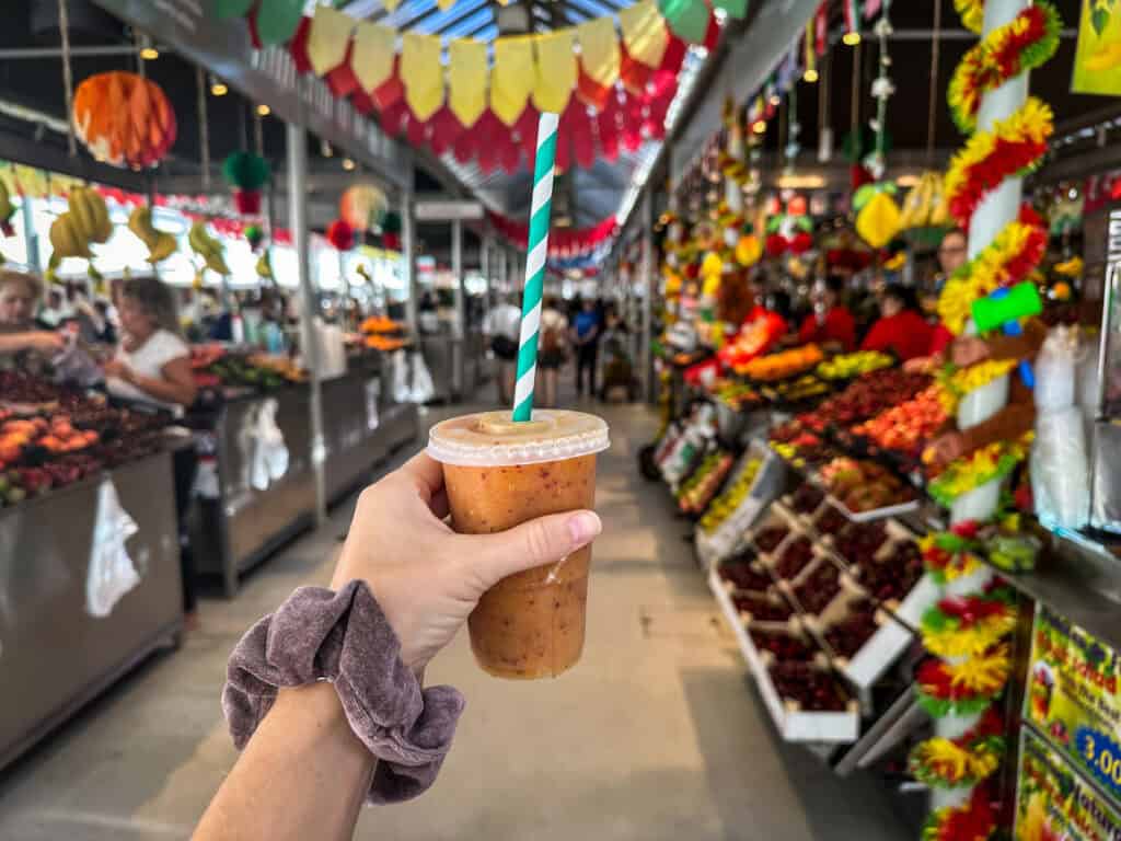 Fruit smoothie at Mercado do Bolhão in Porto, Portugal