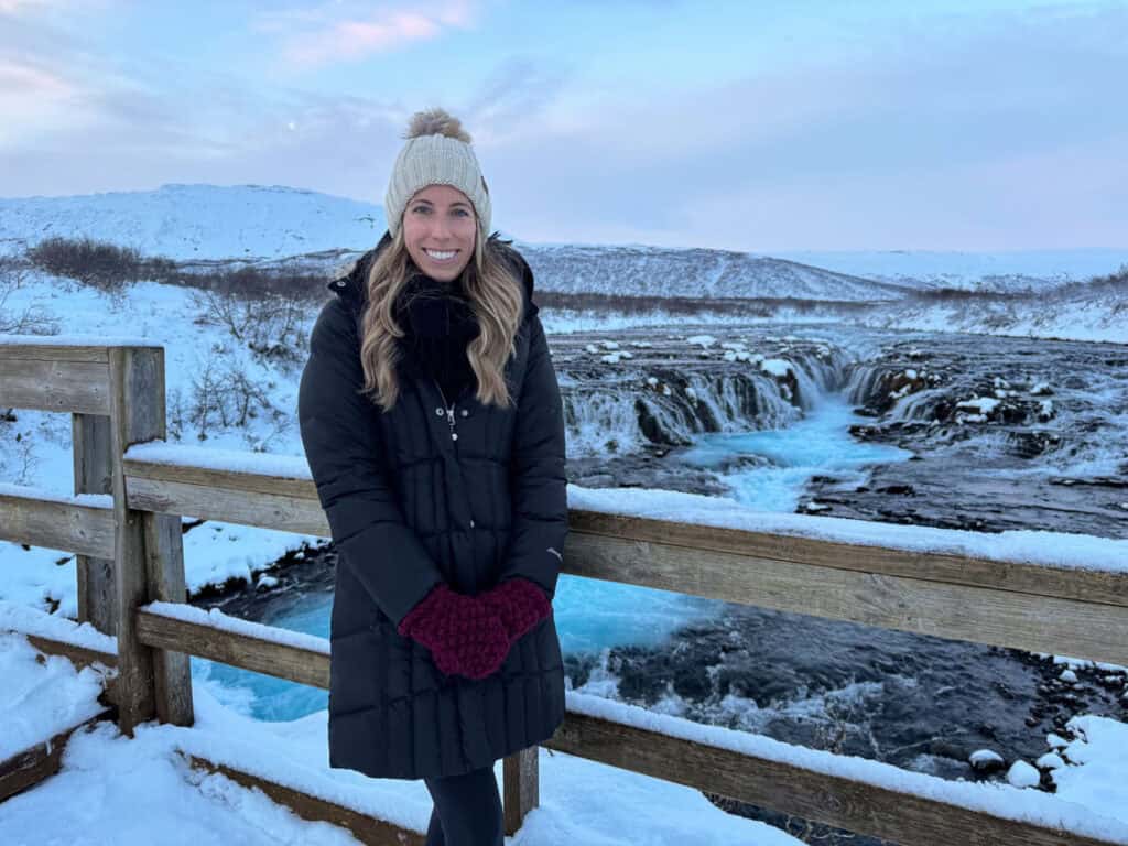 Amanda at Bruarfoss waterfall at sunrise in December