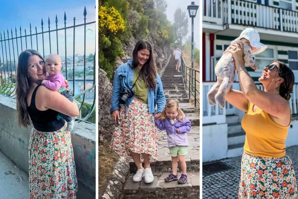Katie wearing a floral skirt with different outfits in Portugal