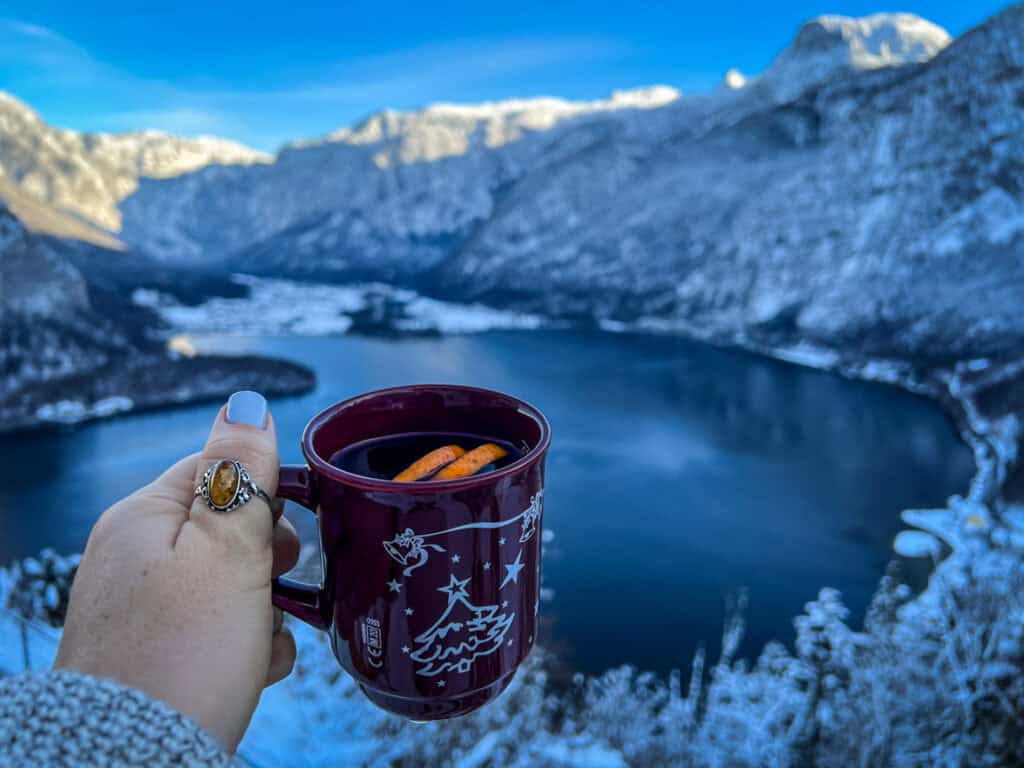 Sipping gluhwein with a view in Hallstatt, Austria