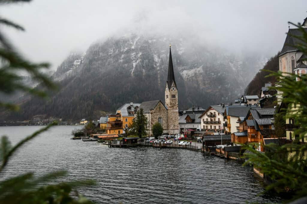 The iconic view of Hallstatt, Austria in wintertime