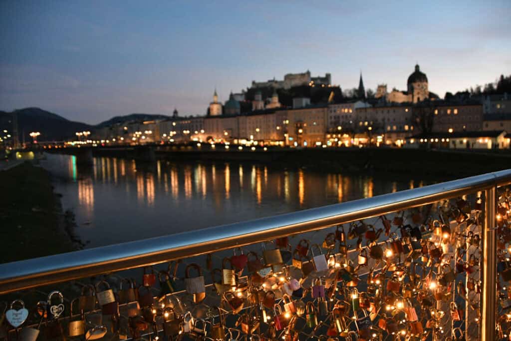 The Makartsteg Bridge in Salzburg, Austria at night