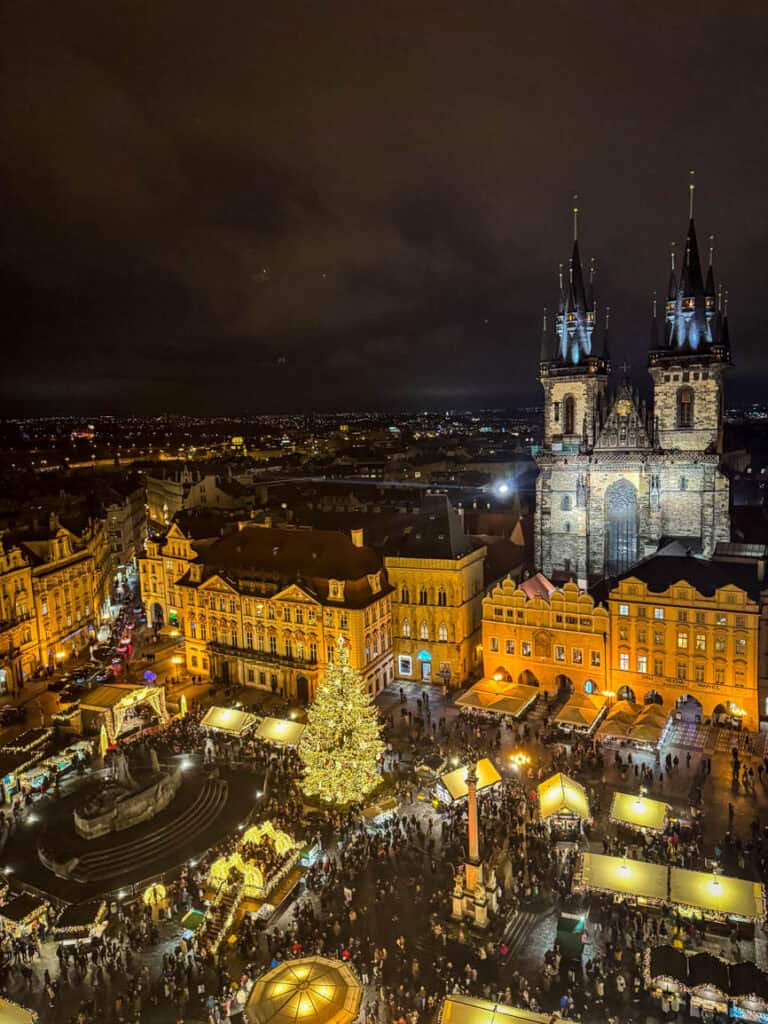 View of the Old Town Square Christmas Market in Prague from the Town Hall clock tower