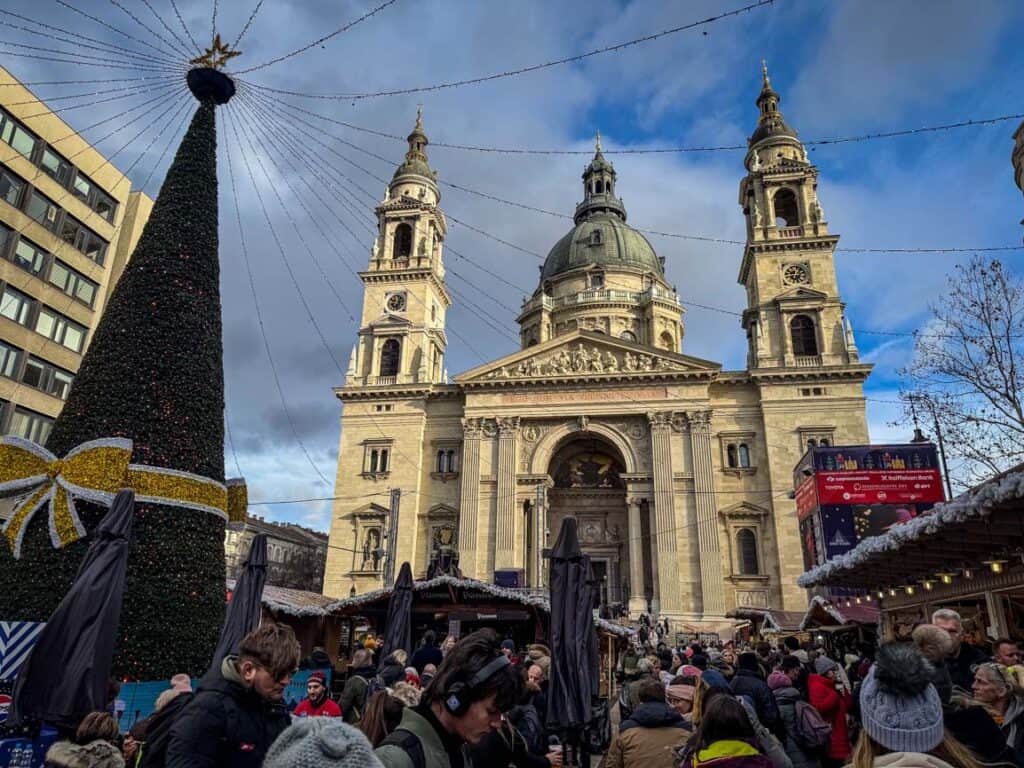 The very crowded Christmas Market in St. Stephen's Square in Budapest, Hungary