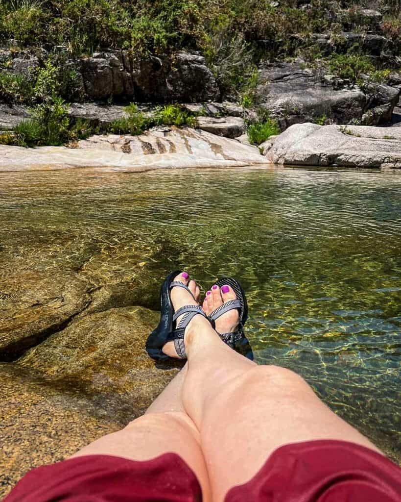 Katie wearing Chacos on the Sete Lagoas hike in Peneda Geres National Park