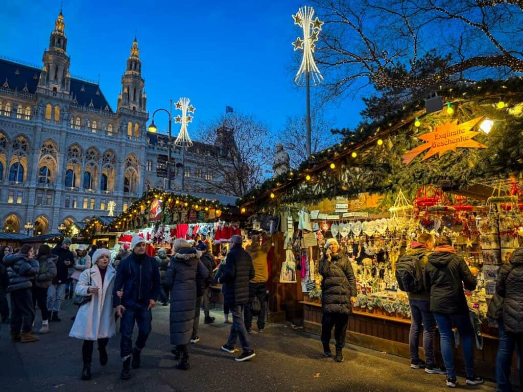 Crowds at the Wiener Christkindlmarkt Christmas Market in Vienna, Austria