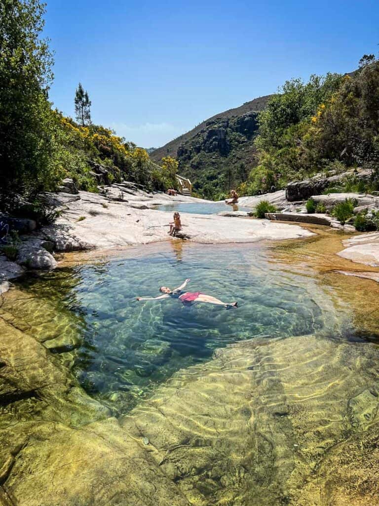 Katie floating Sete Lagos hike Peneda Geres National Park Portugal