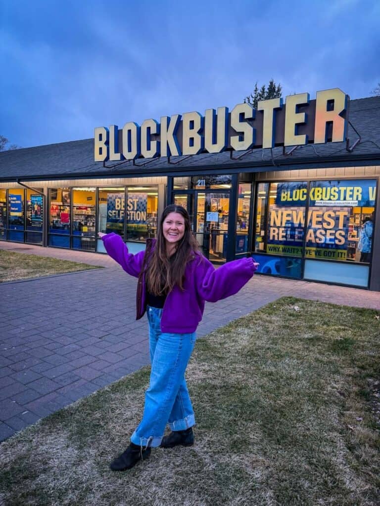 Katie in front of the last Blockbuster