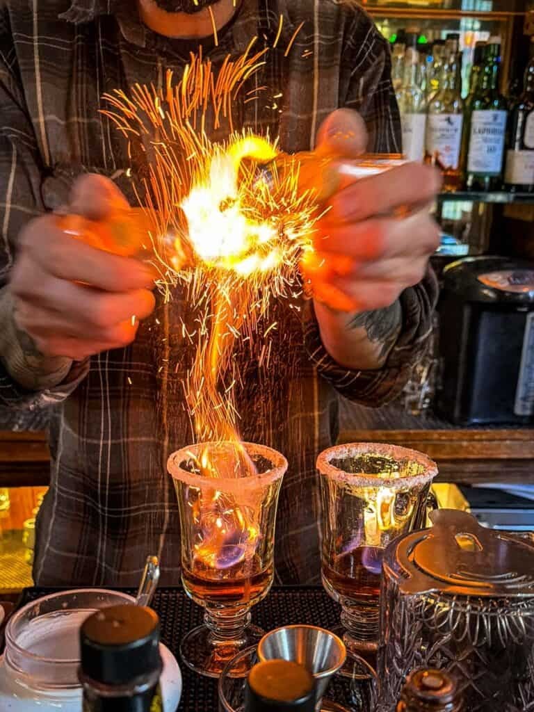 Making Spanish coffee at O'Kane's in Bend, Oregon