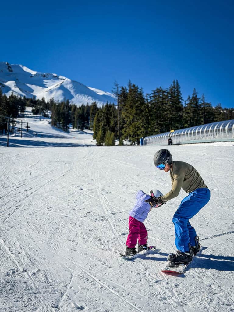 Teaching our toddler to snowboard at Mount Bachelor, Oregon